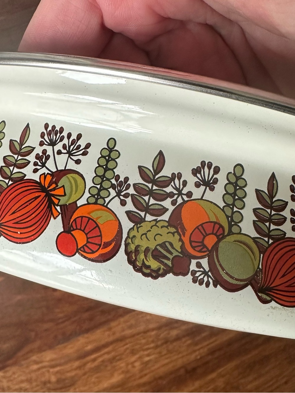 Vintage Enamel 1970’s vegetable bowl pattern frying pan